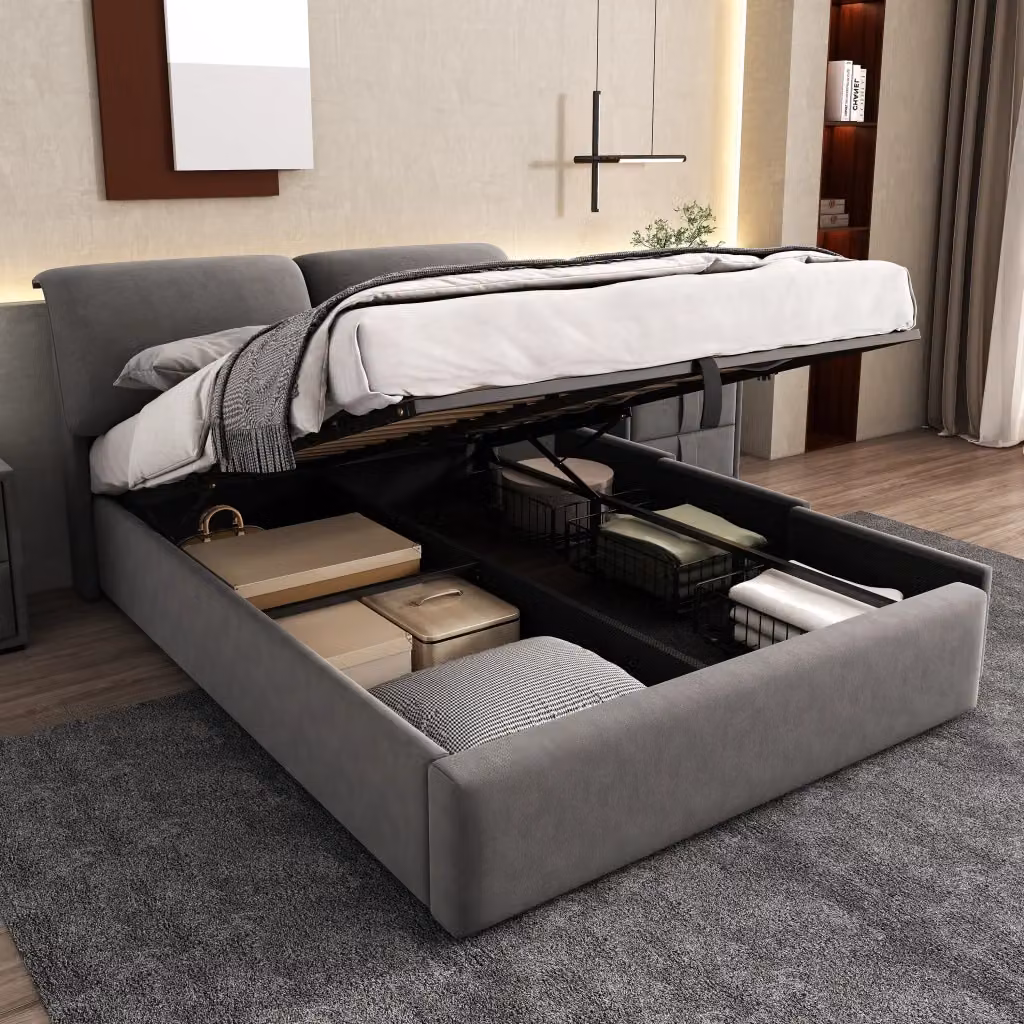 Letto contenitore Mivray con base a sollevamento e testiera regolabile in velluto grigio L/P: 140 x 190 cm – 2