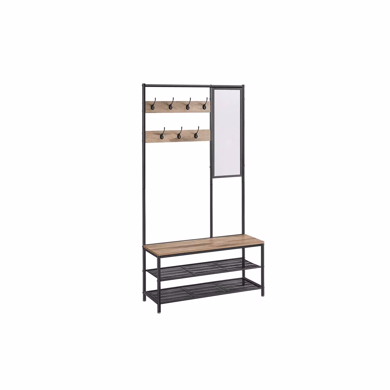 Appendiabiti con Scarpiera, Mobile Ingresso con Ganci, Specchio, Panca e Ripiani, 35 x 98 x 180 cm, Marrone Cammello + Nero