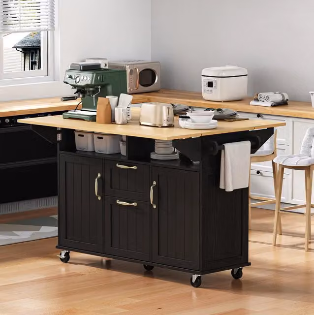 Isola cucina 120x40-60-80x92 cm con piano pieghevole e prese; in MDF e PB; nero e naturale