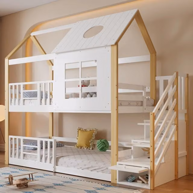 Letto a castello per bambini 2 posti 90 × 200 cm, scala con contenitore e barriere, senza materasso, bianco naturale
