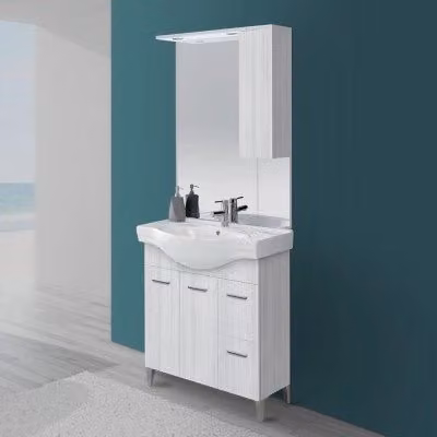 Mobile bagno moderno INBAGNO Desya grigio e bianco con base a terra, pensile con specchio e illuminazione LED