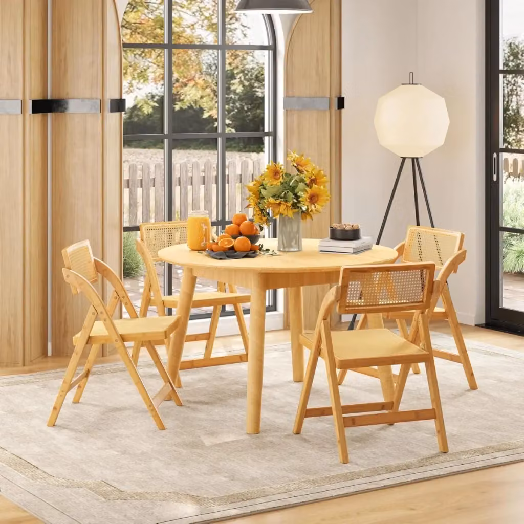 Set di 2 sedie da pranzo pieghevoli in rattan e bambù naturale con schienale rotante 360 gradi e design boho beige – 2