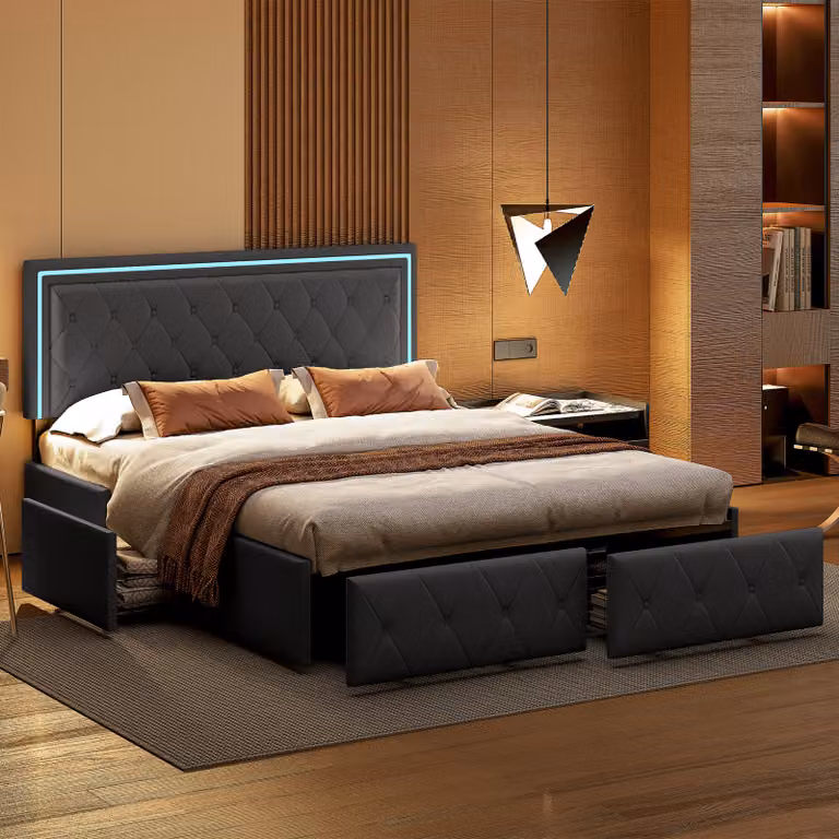 Letto matrimoniale per adulti, 140 x 200 cm, 4 cassetti, imbottito, con luce LED, rete a doghe,Poliuretanogrigio.