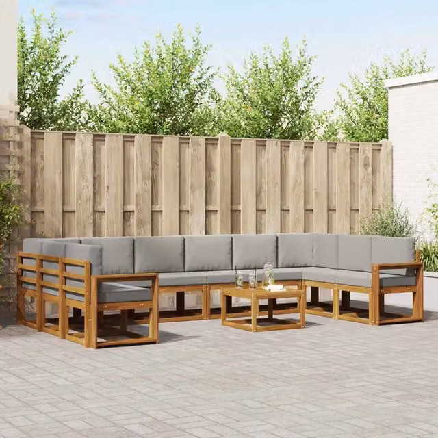 Set di divani da esterno vidaXL a forma di U in legno di acacia con cuscini grigi e tavolino da giardino – 1
