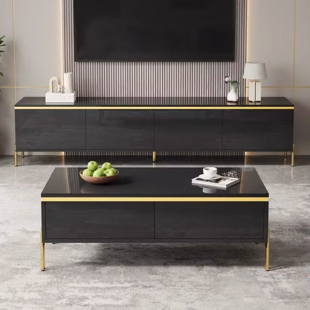 Set Mobile TV e Tavolino Nero Lucido con Dettagli in Oro; Ampio Spazio di Archiviazione per Soggiorno