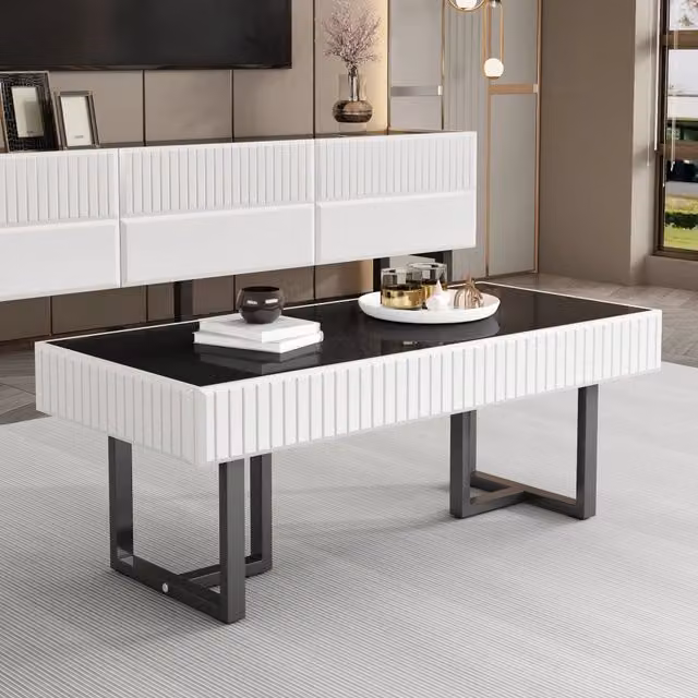 Tavolino basso fisso con ampio piano nero lucido in MDF e gambe in ferro bianco 110 × 50.5 × 41 cm