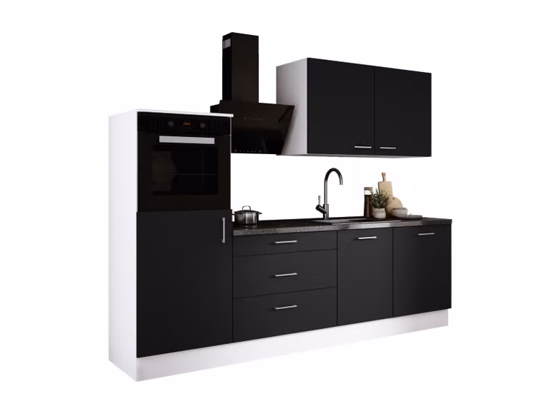 Set da cucina: tre cassetti, cinque ante, otto ripiani, bianco/nero opaco