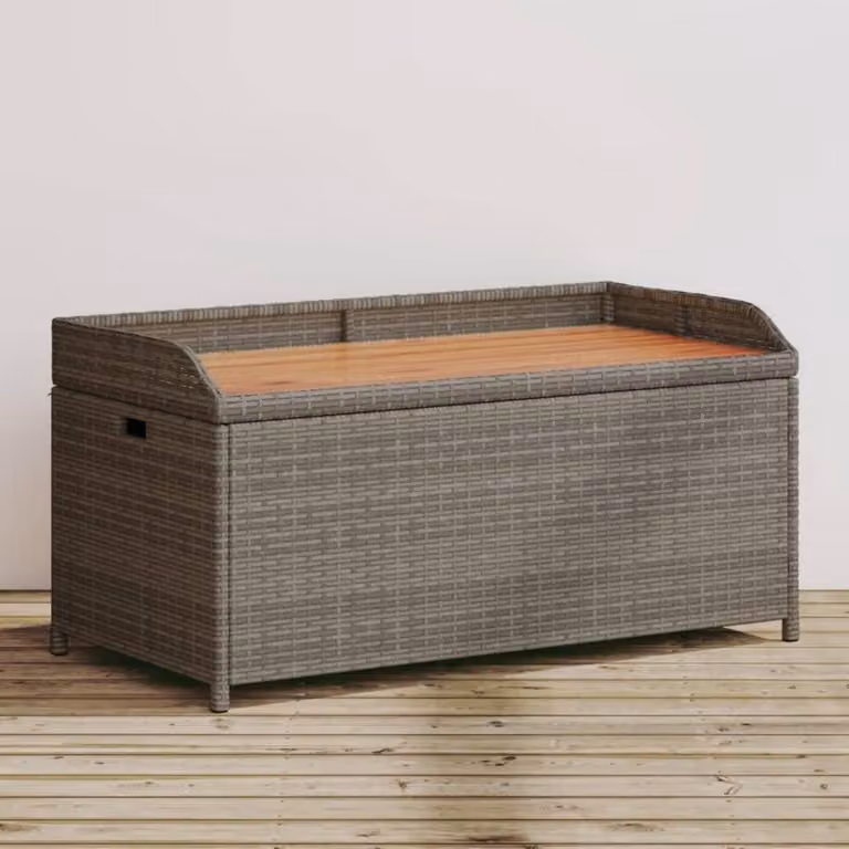 Panca da giardino con spazio contenitivo, dimensioni 100x50x52 cm, colore grigio, realizzata in rattan sintetico e legno di acacia