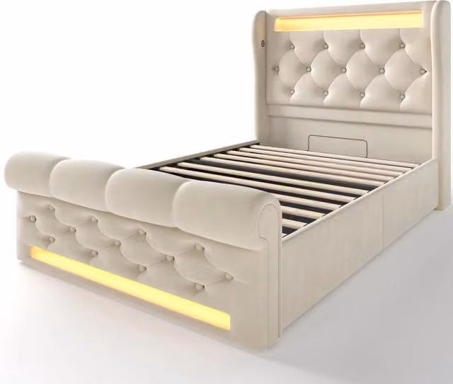 Letto singolo imbottito beige 90x200 cm con LED, contenitore idraulico, testiera con USB e Type-C e materasso incluso