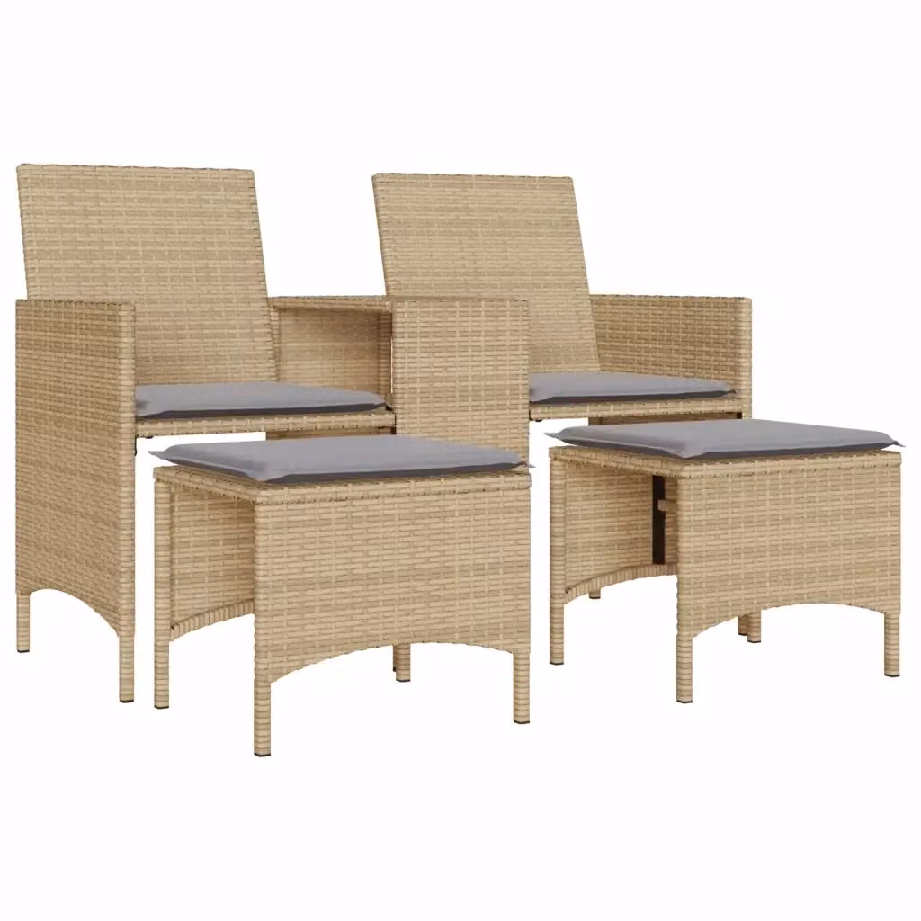Set da giardino moderno vidaXL composto da divano a 2 posti, tavolino da caffè e pouf in rattan con struttura in metallo e cuscini beige e grigi – 2