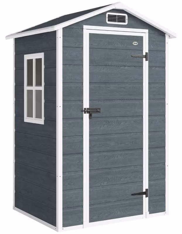 Casetta per attrezzi da 1,1 m² con finestrina effetto legno, tetto a due falde, ventilazione, pavimento, serratura, guanti, colore grigio