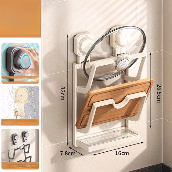 Mensola da cucina universale in acciaio inossidabile, montabile a parete senza bisogno di forature, con coperchio, versatile, ideale per la cucina, dotata di attrezzo per il montaggio a vite, colore bianco - Stile 1