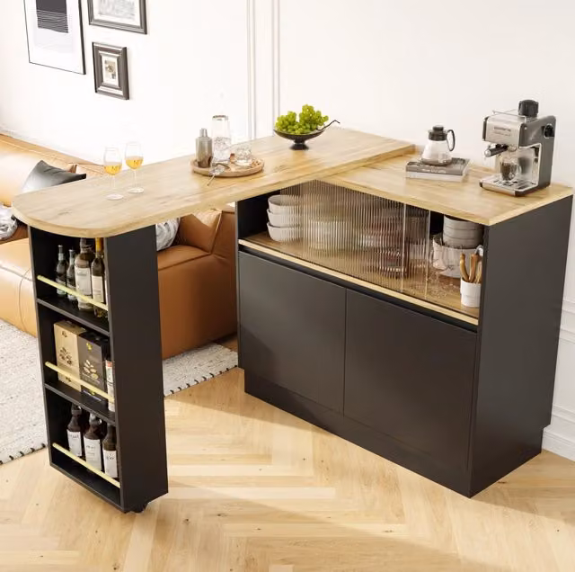 Mobile bar ULEVR girevole a 360¡ã 90x45x100 cm con anta scorrevole in vetro, ripiani e cassetti, nero