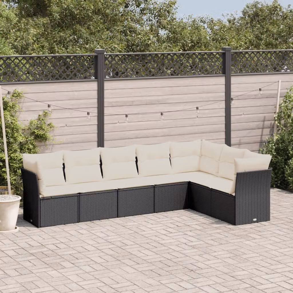 Set di divani da giardino vidaXL a forma di L con 7 cuscini in polyrattan nero e struttura in metallo – 1