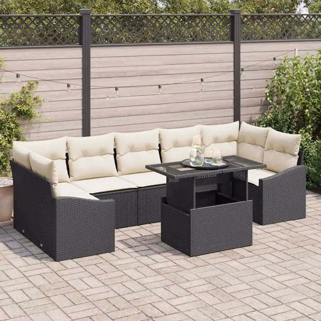 Set Divano da Giardino vidaXL 8 Pezzi in Polyrattan Nero con Tavolino e Ottoman con Cuscini e Funzione Archiviazione – 1