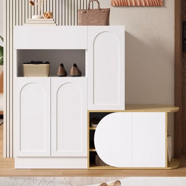 Scarpiera con panca REDOM in MDF Bianco e effetto legno L: 130 cm, P: 35 cm, H: 110,5 cm