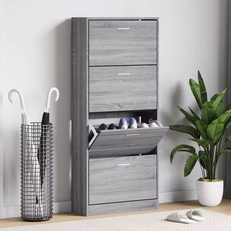 Scarpiera moderna vidaXL in legno grigio con scomparti basculanti e ripiani interni L/P/H: 63 x 24 x 147 cm