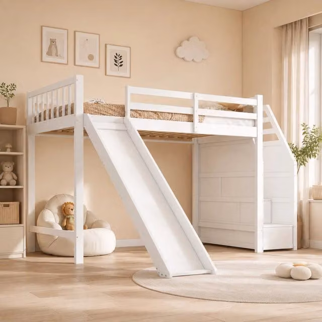 Letto a soppalco per bambini 90x200 cm con scivolo; scala contenitore; bianco