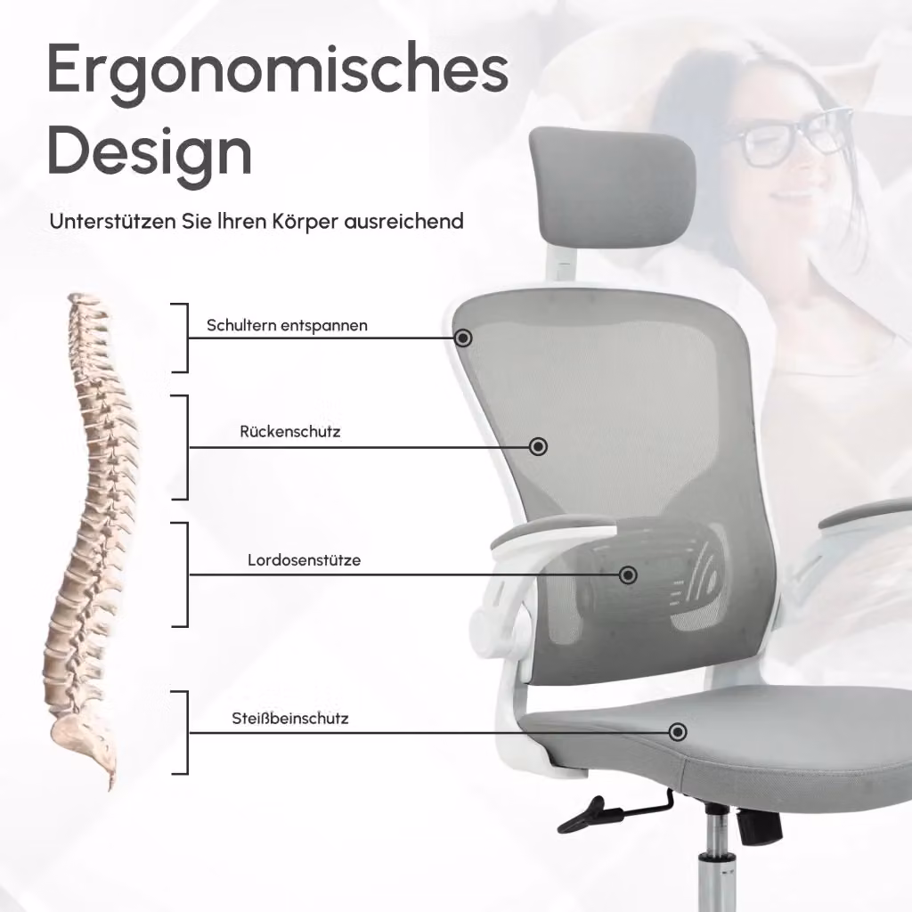 Sedia da ufficio ergonomica OKWISH grigia con poggiatesta e supporto lombare, L: 65 cm, P: 64 cm, H: 114-122 cm – 2