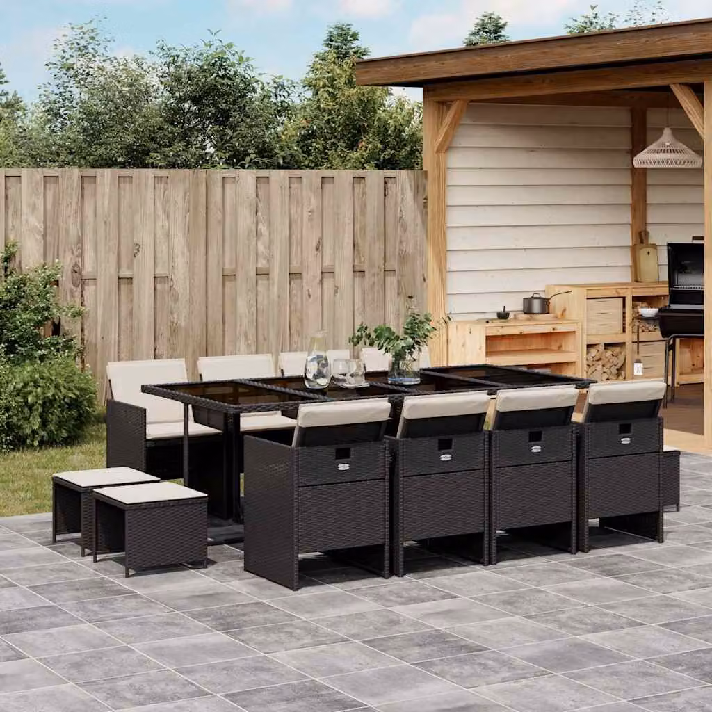 vidaXL Set da Pranzo da Giardino 13pz in Polyrattan con Cuscini e Tavolo in Vetro Nero – 1