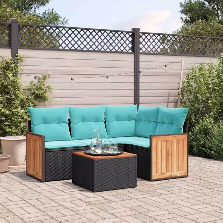 Set da giardino vidaXL in polyrattan nero con cuscini, divano angolare a L, tavolino e sedute per 5 persone