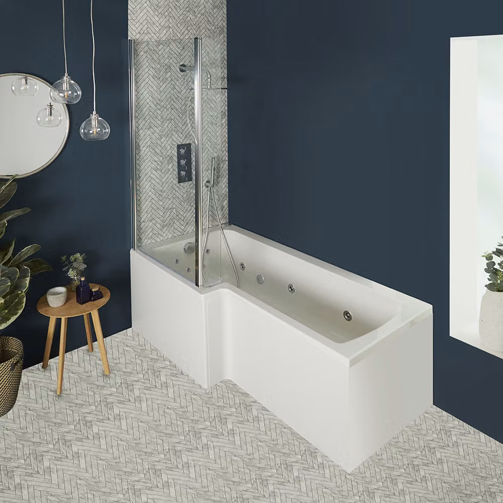 Vasca da Bagno Quadrata con Parete Vasca - Scelta di Idrogetti Whirlpool - Sandford, Dimensioni, Pannelli Vasca