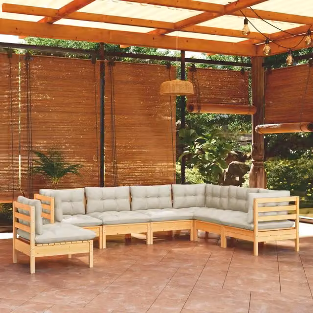 Set Divani da Giardino 7 pz con Cuscini Crema Massello di Pino 3096719