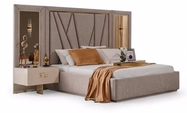 Set per camera da letto: comodini, letto, cassettiera. Colore beige. Stile moderno. Nuovo