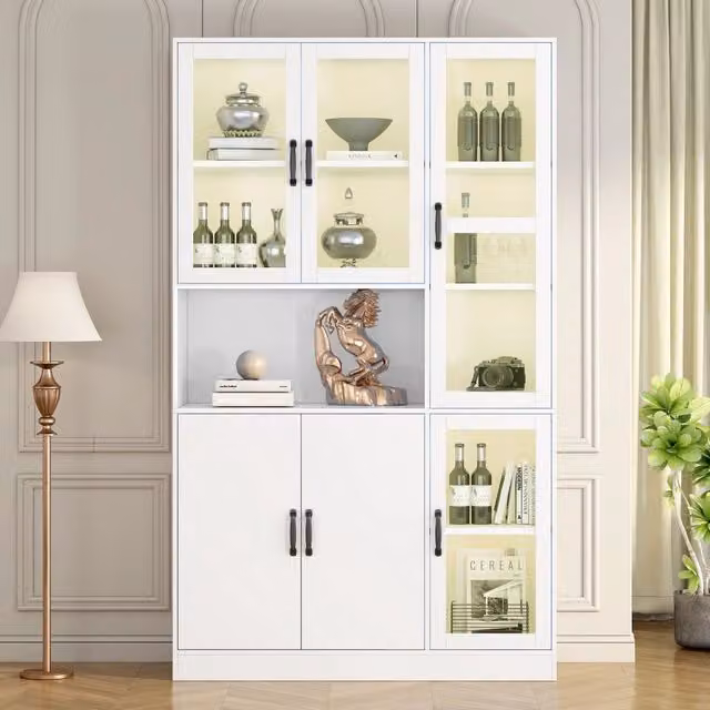 Libreria vetrina LED con 6 ante, vano aperto e 4 ripiani regolabili per soggiorno in MDF bianco, 120 × 40 × 200 cm