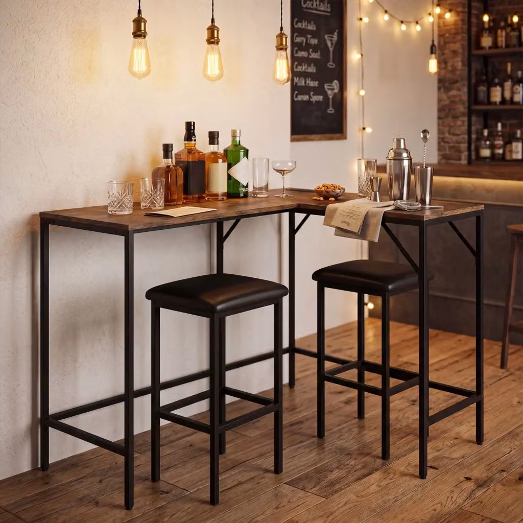 Set tavolo da bar moderno con 2 sgabelli imbottiti in ecopelle e stazione di ricarica, penisola per cucina in legno e metallo, Marrone e Nero – 2