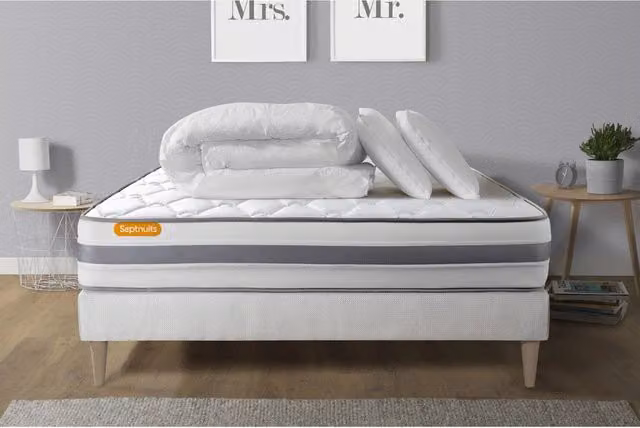 Set letto completo Septnuits con materasso a molle pocket, box spring imbottito, doghe, 2 cuscini e piumino, colore bianco, L/P: 200 x 200 cm