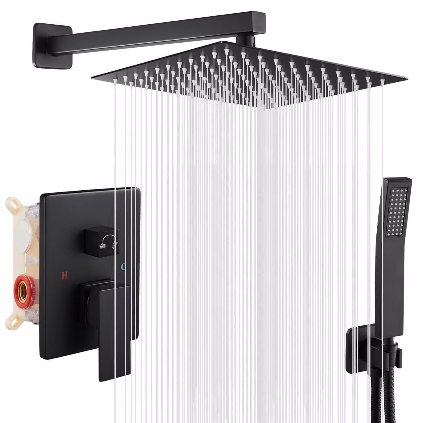 Set completo per soffione doccia da incasso, forma quadrata, colore nero, dimensioni 30x30 cm