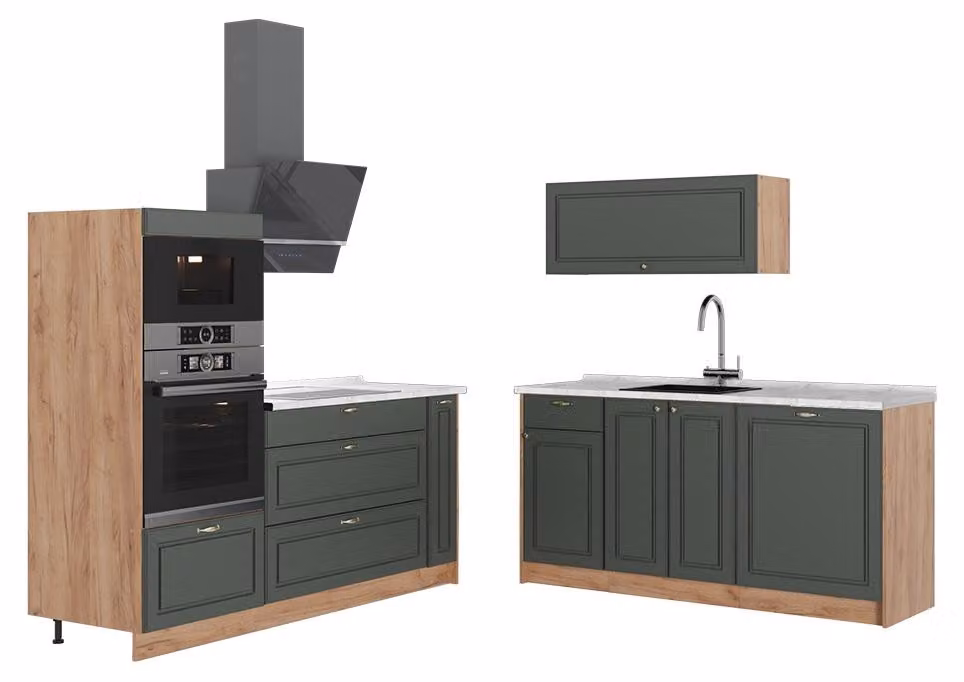 Cucina Vicco Fame-Line Verde-oro rustico/Rovere dorato 340 cm, PL Marmo, Model 63707