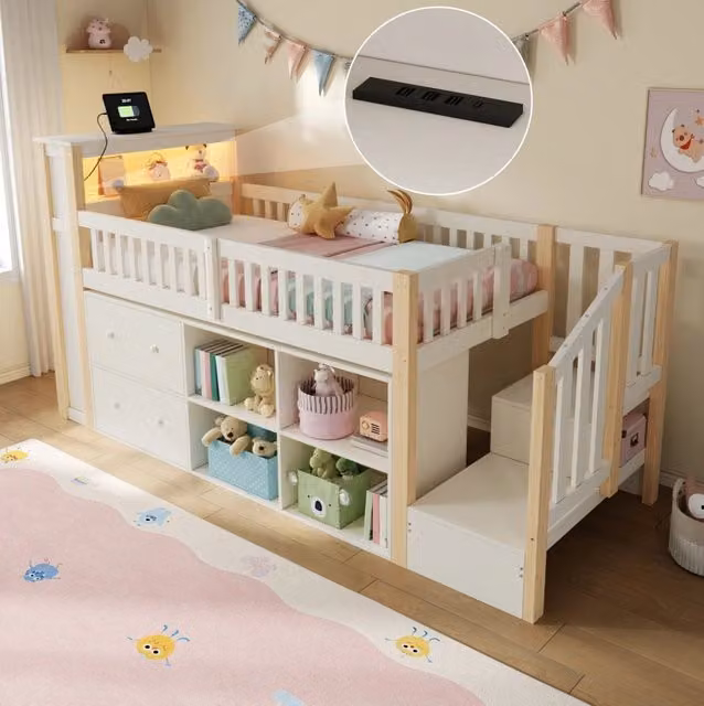 Letto a soppalco 90x200 cm in legno e MDF naturale salvaspazio senza materasso –
