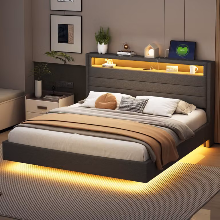 Letto imbottito Merax 160x200 con LED e presa USB, letto per ragazzi con struttura robusta, testata reversibile con contenitore, letto matrimoniale piatto in lino, grigio