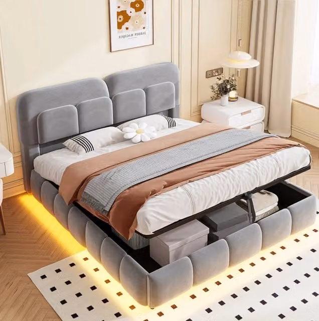 Letto matrimoniale imbottito 140x200 cm grigio in velluto con LED e contenitore idraulico