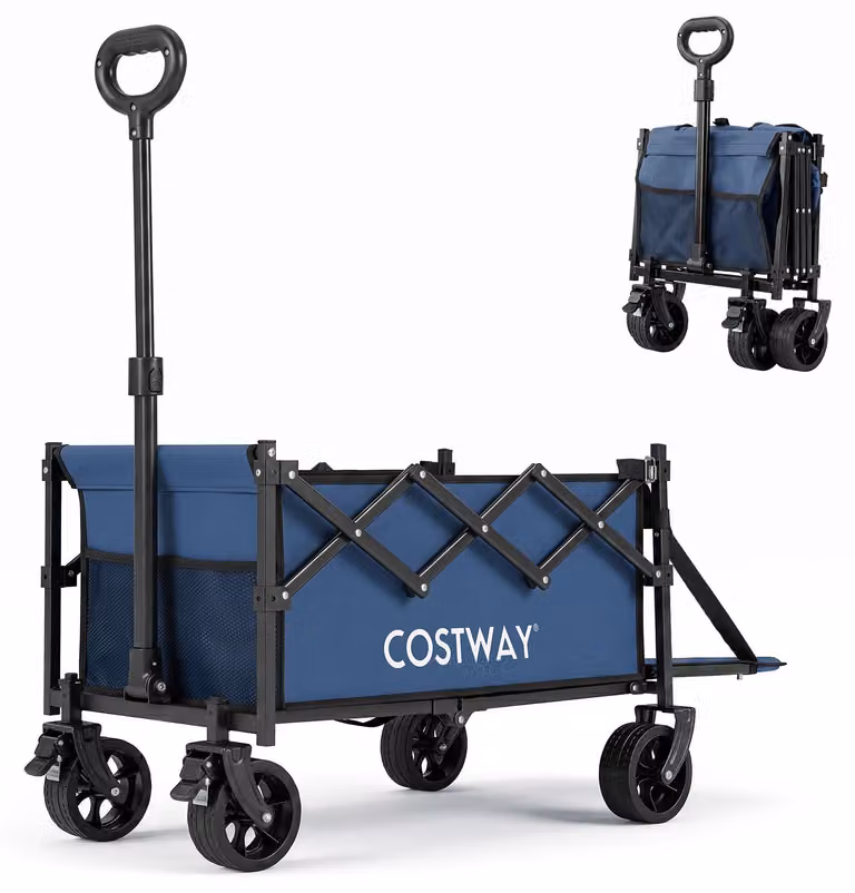 Carrello portante COSTWAY, capacità 63L + 29L, pieghevole, portata massima 150kg, ideale per la spiaggia con portellone posteriore pieghevole, maniglia regolabile e ruote, colore blu