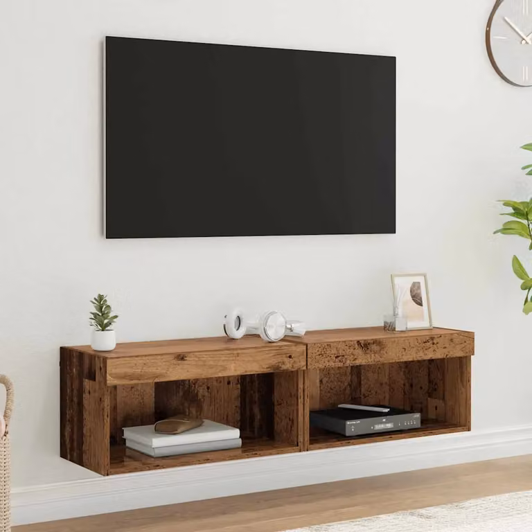 Set di 2 mobili TV moderni vidaXL in legno ingegnerizzato e legno, colore marrone opaco, con illuminazione integrata e scomparti multimediali