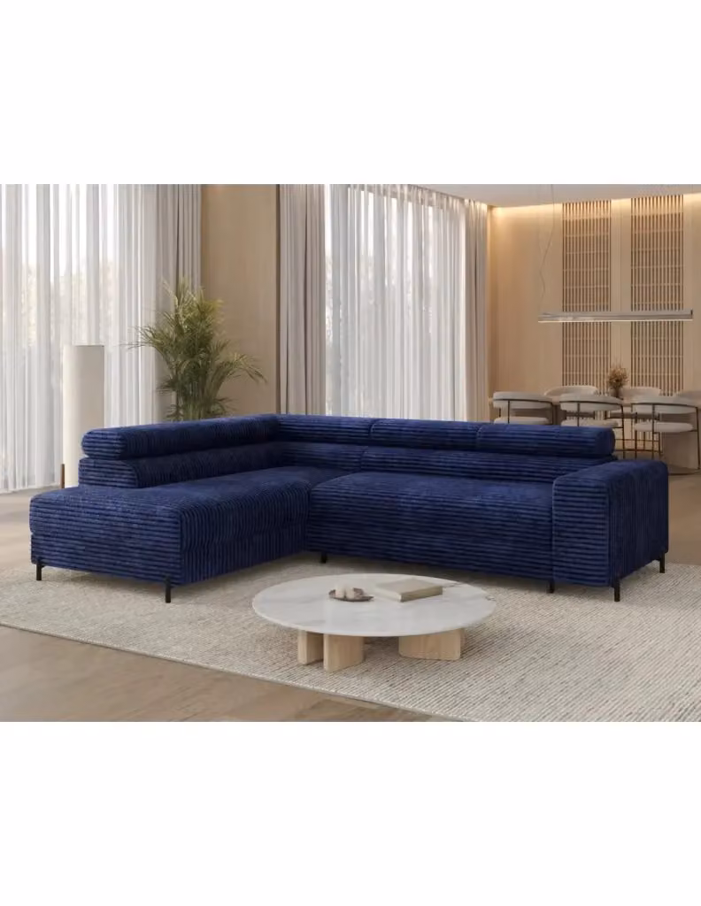Divano angolare convertibile COLESIA MEUBLORAMA in velluto a coste blu, modello a sinistra con funzione letto e poggiatesta regolabile, L/P/H: 274 x 200 cm – 2