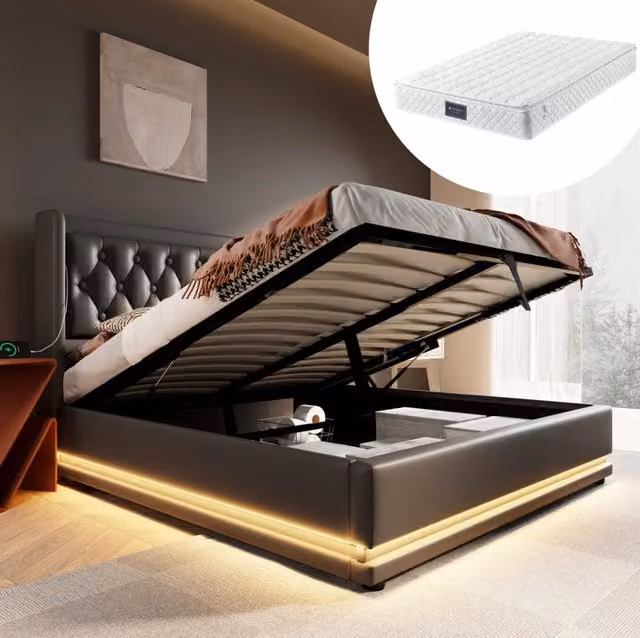 Letto matrimoniale 140x200 cm nero in PU con materasso H3, LED e ricarica USB-C