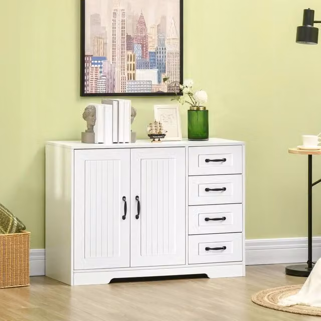 Credenza moderna WISHDOR bianca con 4 cassetti e ripiano regolabile, L/P/H: 105 x 40 x 76 cm