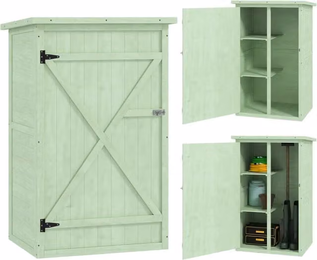 Armadio da giardino Minimal in legno di abete con 2 ripiani e tetto in asfalto, colore verde, L: 75 cm, P: 56 cm, H: 115 cm – 1