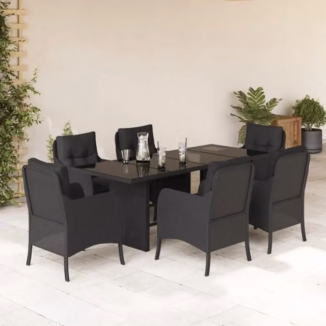 Set da pranzo da giardino vidaXL in polyrattan e vetro nero con 7 pezzi
