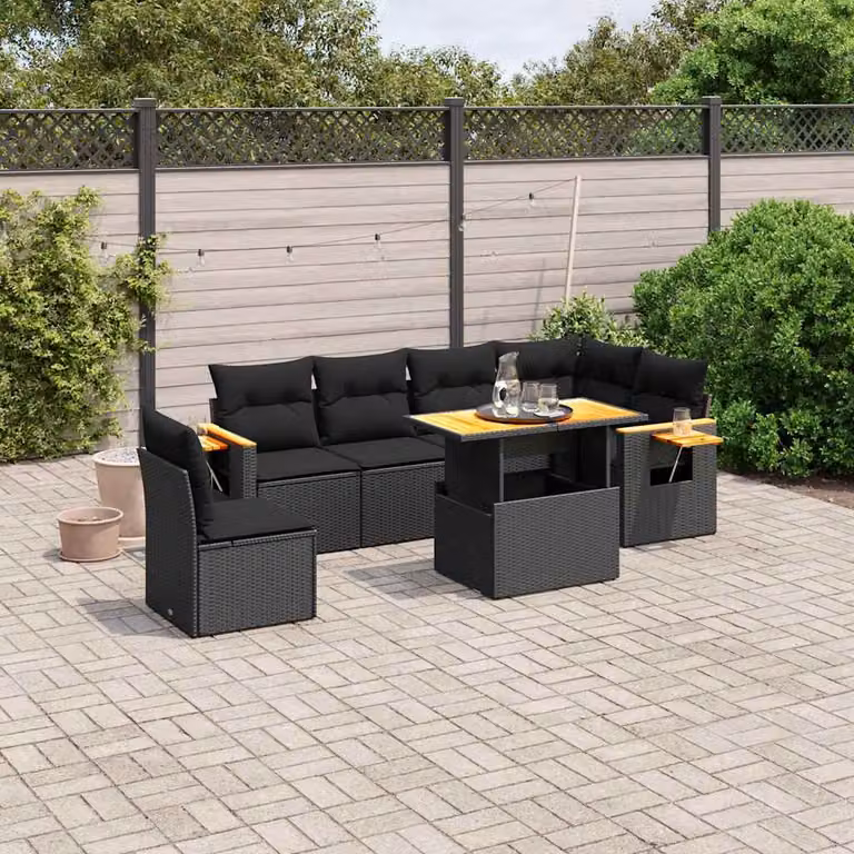 vidaXL Set Divani da Giardino a L con Tavolino e 7 Cuscini in Polyrattan Nero