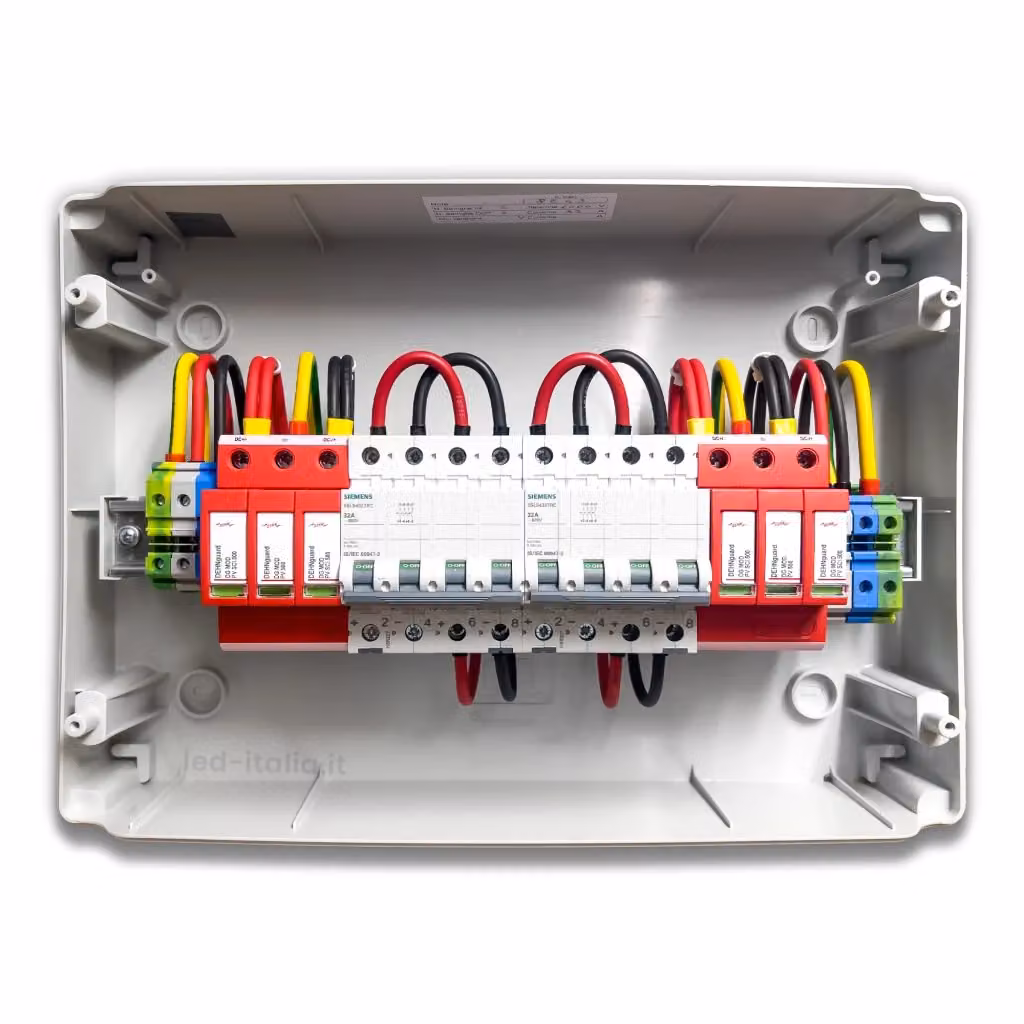 Quadro di Campo DC Siemens con 2 Stringhe 2 MPPT 1000VDC 16A, Centralino IP65 da 12 Moduli con Interruttori Magnetotermici e Scaricatori DEHN, Bianco – 2