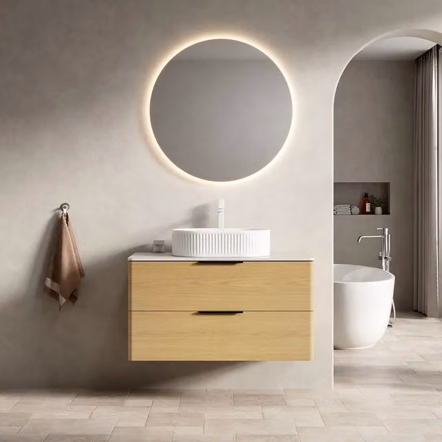 Mobile bagno sospeso da 90 cm con lavabo ovale in ceramica, piano effetto travertino e due cassetti