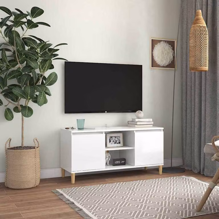 Mobile TV vidaXL in stile scandinavo con gambe in legno massello, Bianco Lucido, L: 103,5 cm, P: 35 cm, H: 50 cm