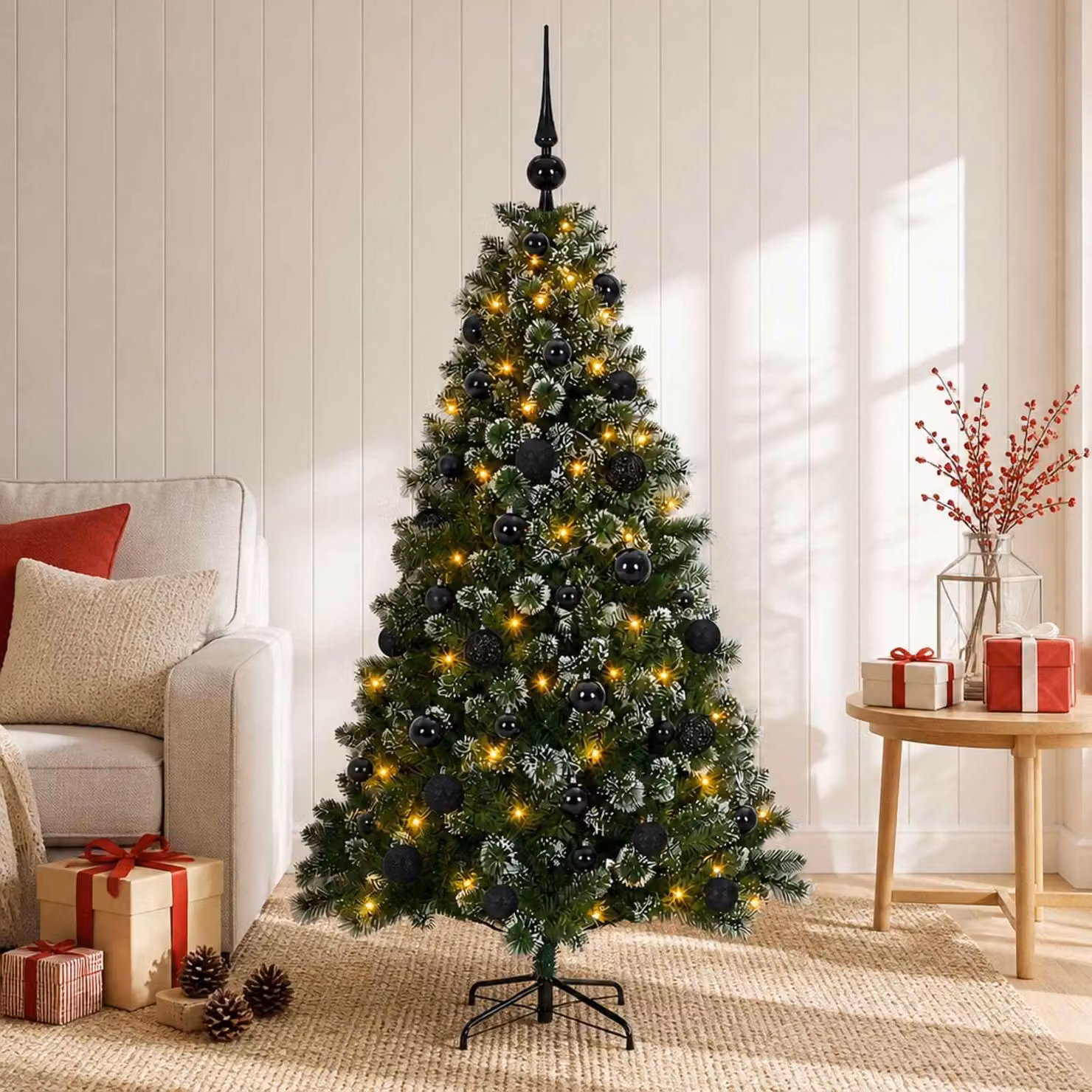 Albero di Natale artificiale con decorazioni a sfera, altezza 120 cm, 150 luci LED