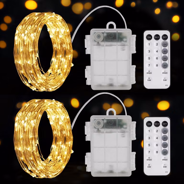 Catena luminosa a LED, 2x60 luci, luce bianco caldo, 12 metri, grado di protezione IP65, con timer e 9 modalità