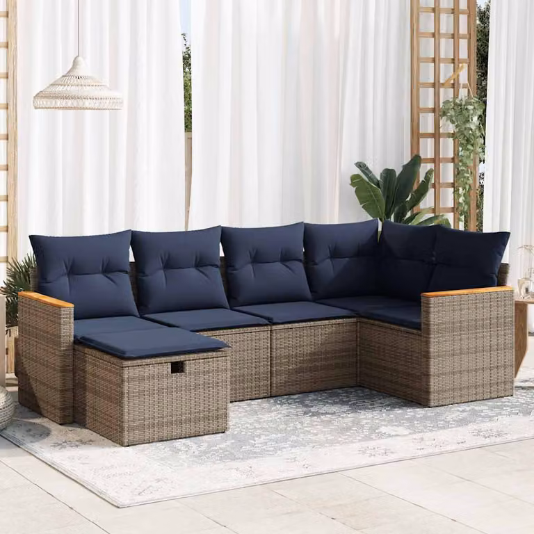 Set Divano da Giardino a L vidaXL 6 pz con Cuscini Grigio e Blu in Polyrattan e Metallo